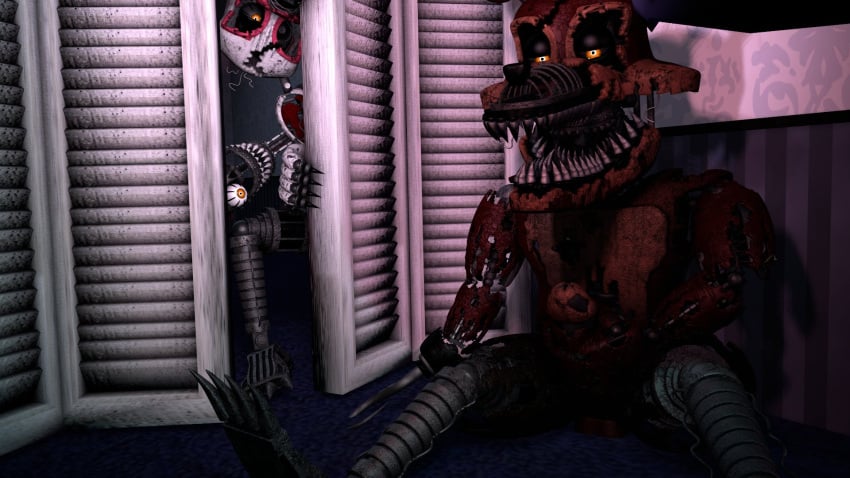 3d_(artwork) animatronic being_watched canid canine claws closet digital_media_(artwork) duo endoskeleton female five_nights_at_freddy's five_nights_at_freddy's_4 fox foxofnightmares foxy_(fnaf) grey_body hi_res hook humanoid hypersstash6000 looking_at_another machine male male/female male_focus mammal mangle_(fnaf) mangled_mangle_(fnaf) masturbation nightmare_foxy nightmare_mangle pirate red_body robot scottgames sharp_claws sharp_teeth teeth wardrobe white_body yellow_eyes