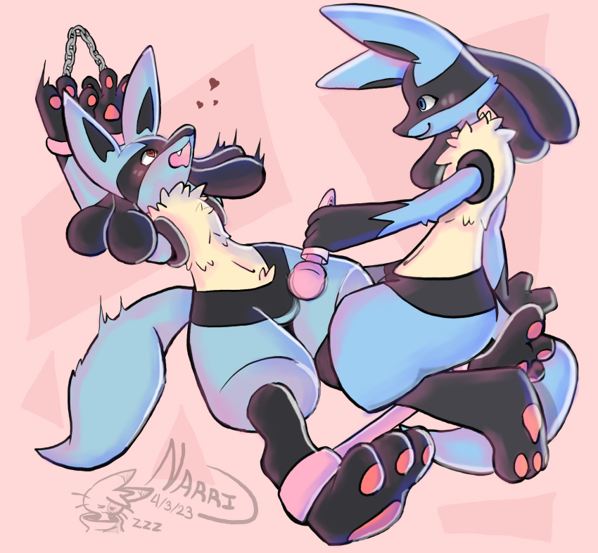 ambiguous_gender anthro blue_body blue_eyes blush bondage bound bulge canid canine canis cuff_(restraint) digital_media_(artwork) duo fur furry furry_only fuzzy_handcuffs generation_4_pokemon handcuffs heart hi_res jackal lucario male mammal metal_cuffs nintendo open_mouth pawpads paws pokemon pokemon_(species) red_eyes restraints sex_toy simple_background smile spreader_bar straddling submissive tail vibrator wand_vibrator yumunarri