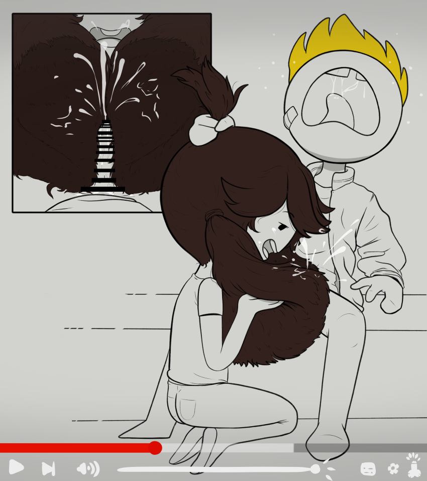 1boy1girl alternate_hairstyle bandage bangs brown_hair brushjob censored censored_penis cum cum_in_hair cum_on_face cum_on_hair fully_clothed guito hair_grab hair_harpoon hairjob jaiden jaiden_animations long_hair missing_tooth orgasm_face overlay parody saliva_string smiling thick_hair twintails youtube youtuber