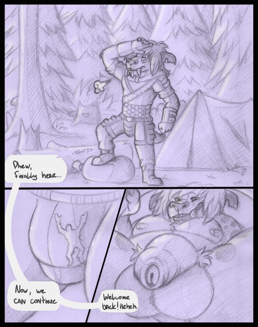 anthro armor ass balls bulge camp clothed clothing clothing_insertion detailed_background dialogue dialogue_box dominant dominant_male duo facial_markings fangs felid feline first_person_view foreskin forest forest_background fur genital_focus genitals hair head_markings hi_res human inside_clothing inside_underwear leather leather_armor long_foreskin looking_at_viewer low-angle_view machairodontine male male/male mammal markings micro micro_in_clothes micro_on_macro nature nature_background nipples penis plant presenting presenting_balls presenting_hindquarters sebry sillywerwolf smile spots spotted_body spotted_fur submissive submissive_pov teeth tent text traditional_media_(artwork) tree urethra worm's-eye_view