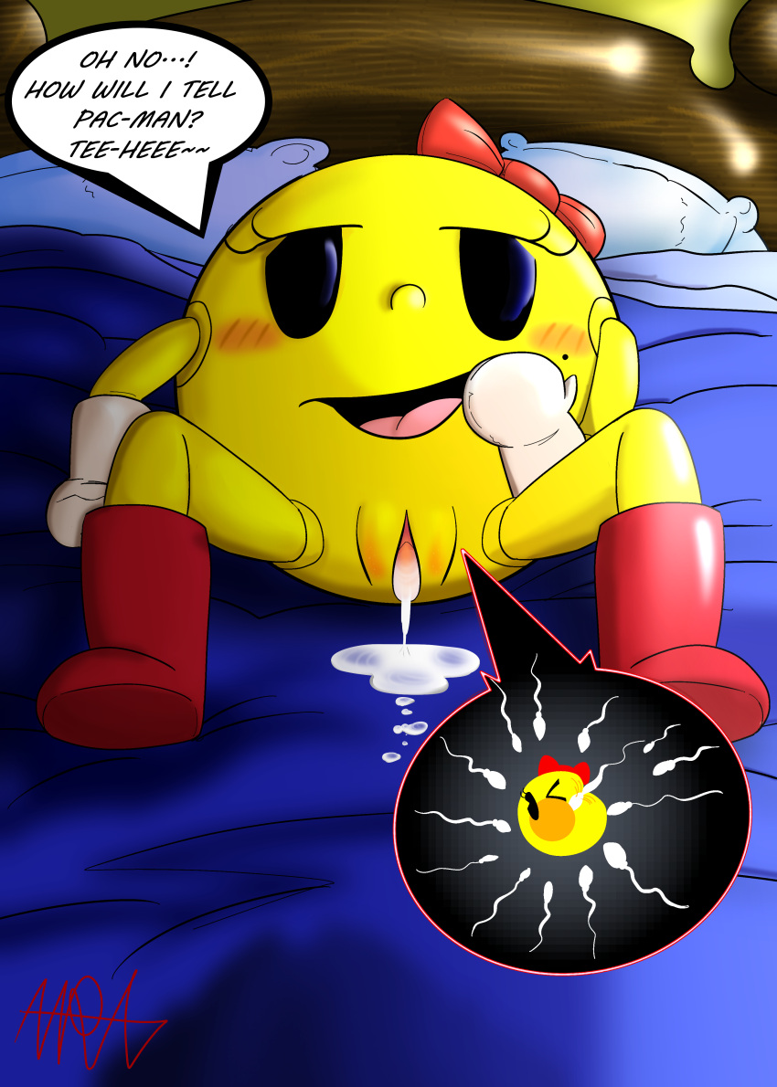 2d_(artwork) absurd_res babyaren bandai_namco bed blush bodily_fluids body_blush boots clothing cuckold cum cum_drip cum_in_pussy cum_inside cum_on_bed dripping female footwear furniture genital_fluids gloves handwear hi_res impregnation ms._pac-man not_furry ovum ovum_with_face pac-man_(series) pac-person pussy_blush solo solo_focus sperm_cell toony_eyes waddling_head x-ray_vision yellow_body yellow_skin