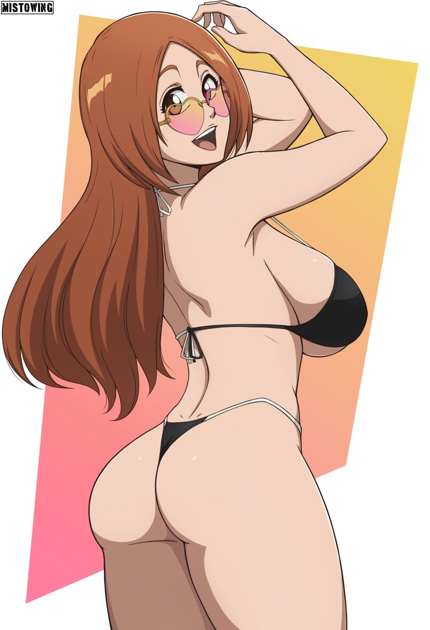 1girls ass bare_legs bare_shoulders bare_thighs big_breasts bleach breasts eyewear female female_only from_behind highleg highleg_bikini highleg_swimsuit highres inoue_orihime large_breasts long_hair looking_over_eyewear looking_over_glasses looking_over_sunglasses mistowing open_mouth open_smile orange_hair pink-tinted_eyewear pinup revealing_swimsuit round_ass sideboob skimpy skimpy_bikini smile smiling solo solo_focus sunglasses swimsuit thick_thighs tinted_eyewear