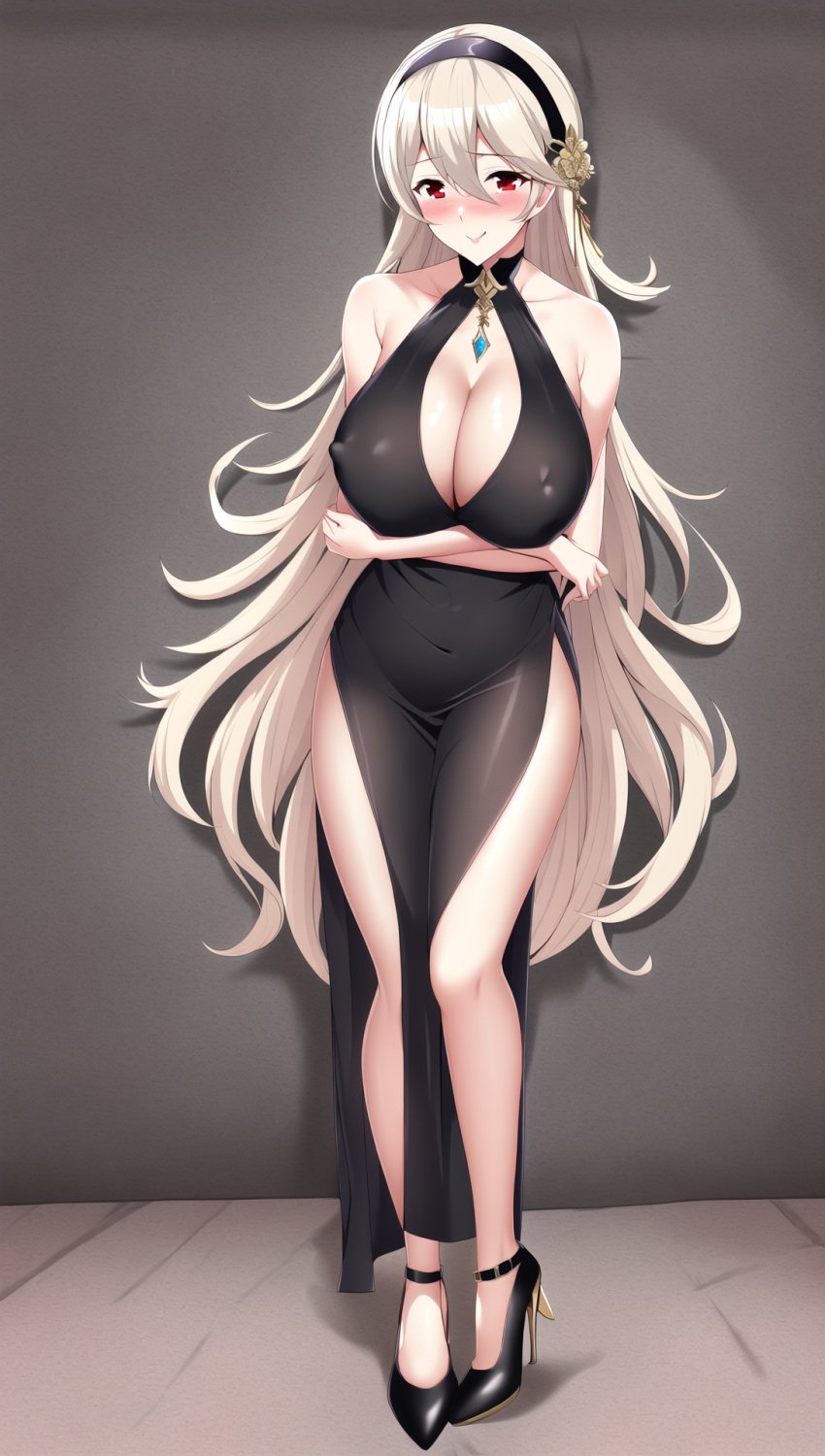 ai_generated aroused black_dress blush breasts corrin_(female)_(fire_emblem) corrin_(fire_emblem) corrin_(fire_emblem)_(female) fire_emblem fire_emblem_fates high_heels huge_breasts long_hair matalica nintendo novelai pinup red_eyes smile white_hair