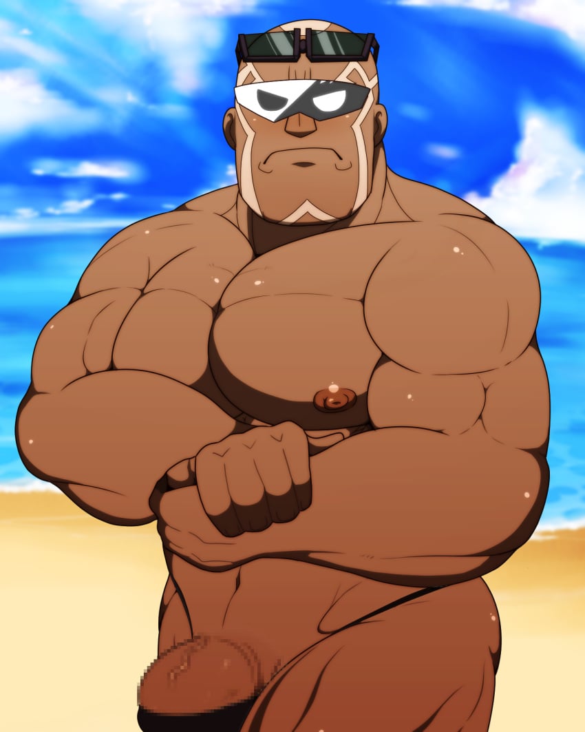 bald balls bara big_penis blush bulge censored censored_penis dark-skinned_male dark_skin face_markings flaccid flexing male male_only mosaic_censoring mosaic_censorship muscles muscular nintendo penis pokemon pokemon_masters sawyer_(pokemon_masters) shiro_tora solo solo_male sunglasses sunglasses_on_head team_break thong