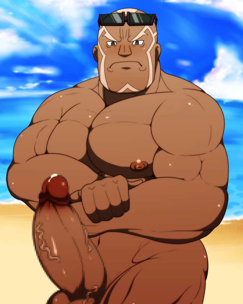 bald balls bara big_penis blush boner censored_penis dark-skinned_male dark_skin erection face_markings flexing male male_only muscles muscular nintendo nude penis pokemon pokemon_masters sawyer_(pokemon_masters) shiro_tora solo solo_male sunglasses sunglasses_on_head