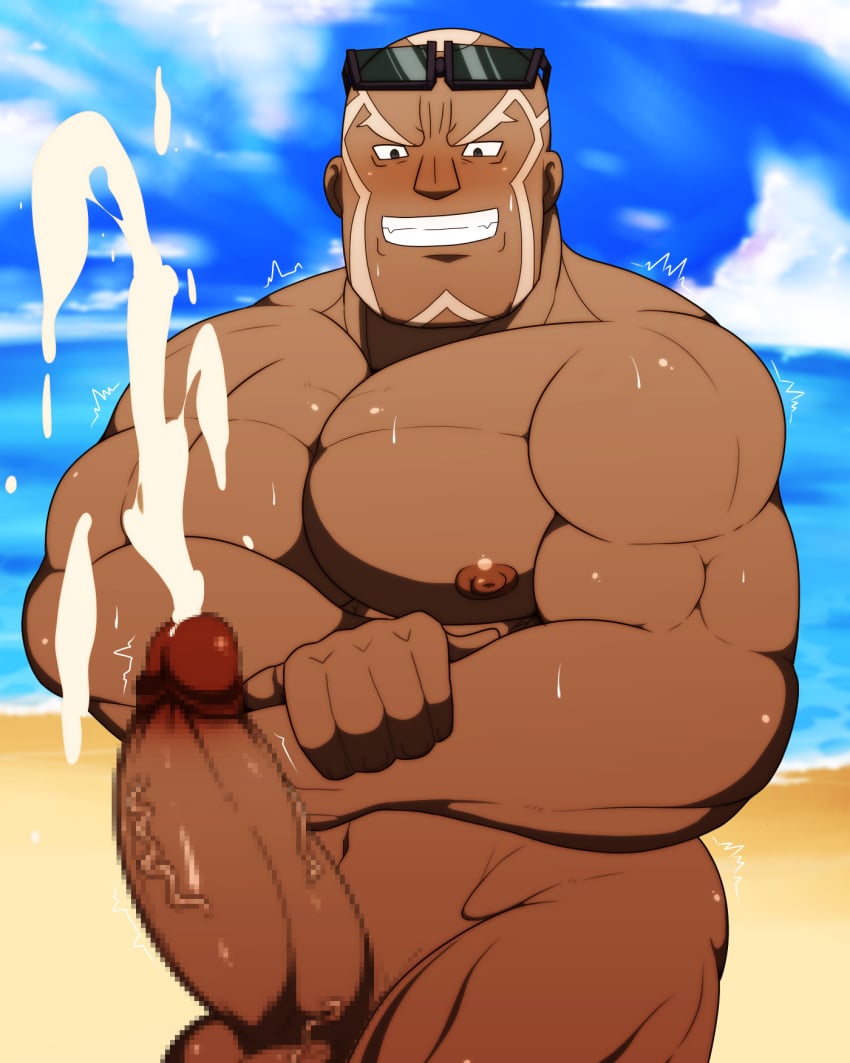 bald balls bara big_penis blush boner censored_penis cum dark-skinned_male dark_skin erection face_markings flexing male male_only muscles muscular nintendo nude orgasm penis pokemon pokemon_masters sawyer_(pokemon_masters) shiro_tora solo solo_male sunglasses sunglasses_on_head sweaty