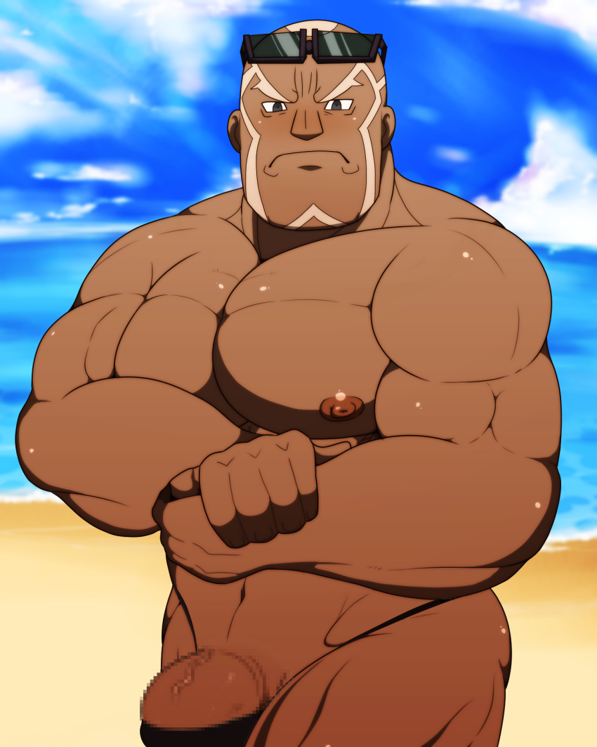 bald balls bara big_penis blush bulge censored_penis dark-skinned_male dark_skin face_markings flexing male male_only muscles muscular nintendo penis pokemon pokemon_masters sawyer_(pokemon_masters) shiro_tora solo solo_male sunglasses sunglasses_on_head thong