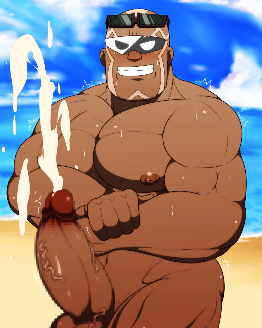 bald balls bara big_penis blush boner censored_penis cum dark-skinned_male dark_skin erection face_markings flexing male male_only muscles muscular nintendo nude orgasm penis pokemon pokemon_masters sawyer_(pokemon_masters) shiro_tora solo solo_male sunglasses sunglasses_on_head sweaty team_break