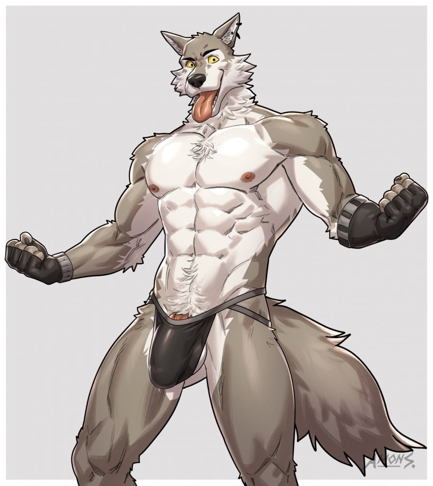 abs amon-sydonai anthro canid canine canis clothed clothing ear_piercing erection fingerless_gloves fist fur genitals gloves grey_body grey_fur handwear hi_res jockstrap jockstrap_only looking_at_viewer male mammal mostly_nude open_mouth penis penis_base piercing solo tenting tongue tongue_out topless underwear underwear_only wendell_(fortnite) wolf yellow_eyes