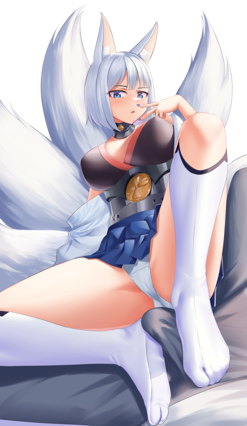 1boy absurdres animal_ears azur_lane blue_eyes blue_nails blue_skirt blunt_bangs breasts bulge erection erection_under_clothes feet female footjob footjob_over_clothes foreshortening fox_ears fox_tail grey_pants hand_up highres jewelry kaga_(azur_lane) knee_up kneehighs large_breasts legs looking_at_viewer maozi_dan medium_hair microskirt multiple_tails no_shoes off_shoulder open_mouth out_of_frame panties pants ring sidelocks simple_background skirt socks soles straight swept_bangs tabi tail thighs toes two-footed_footjob underwear v white_panties white_socks