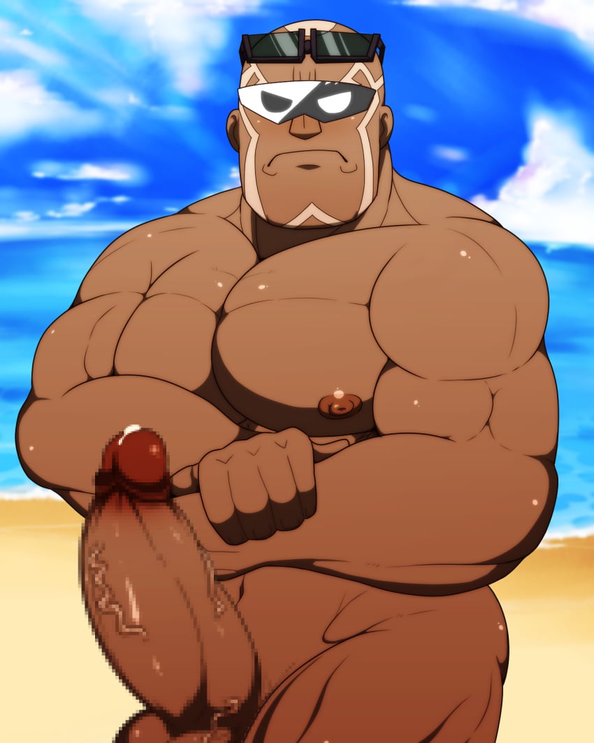 bald balls bara big_penis blush boner censored_penis dark-skinned_male dark_skin erection face_markings flexing male male_only muscles muscular nintendo nude penis pokemon pokemon_masters sawyer_(pokemon_masters) shiro_tora solo solo_male sunglasses sunglasses_on_head team_break