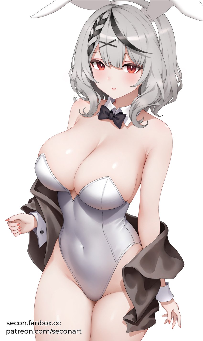 1girls bare_shoulders big_breasts black_hair bowtie breasts bunny_girl bunnygirl collar covered_navel female grey_hair hololive hololive_japan holox large_breasts legs light-skinned_female light_skin multicolored_hair red_eyes sakamata_chloe secon shoulders thick_thighs thighs virtual_youtuber vtuber white_bunnygirl_costume