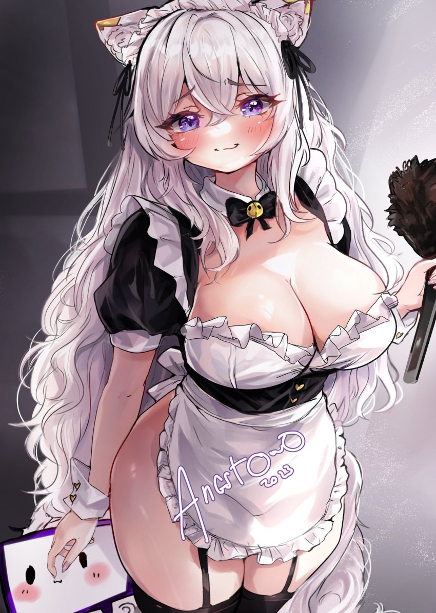 1girls 2023 angstowo animal_ears artist_name blush dated female female_only headdress indie_virtual_youtuber light-skinned_female light_skin maid maid_headdress maid_uniform nyx_nekota purple_eyes smile snow_leopard_ears snow_leopard_girl solo virtual_youtuber white_hair