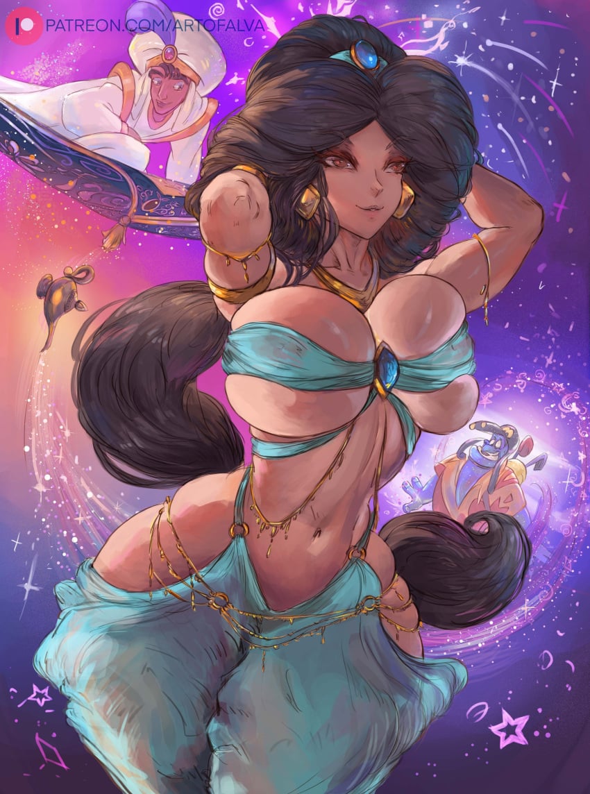 aladdin aladdin_(character) arabian_female artofalva bare_midriff barely_clothed barely_contained barely_contained_breasts big_breasts big_hair black_hair breasts brown_eyes bursting_breasts cutesexyrobutts_(style) dancer_outfit dark-skinned_female dark_skin disney disney_princess earrings fat_thighs female female_focus female_only flying_carpet genie_(aladdin) hips hourglass_figure huge_breasts jewelry jewelry_chains long_black_hair long_hair massive_thighs narrow_waist patreon patreon_username princess princess_jasmine royal royalty squished_breasts thick thick_thighs thighs thunder_thighs thunderthighs tiara tummy wide_hips