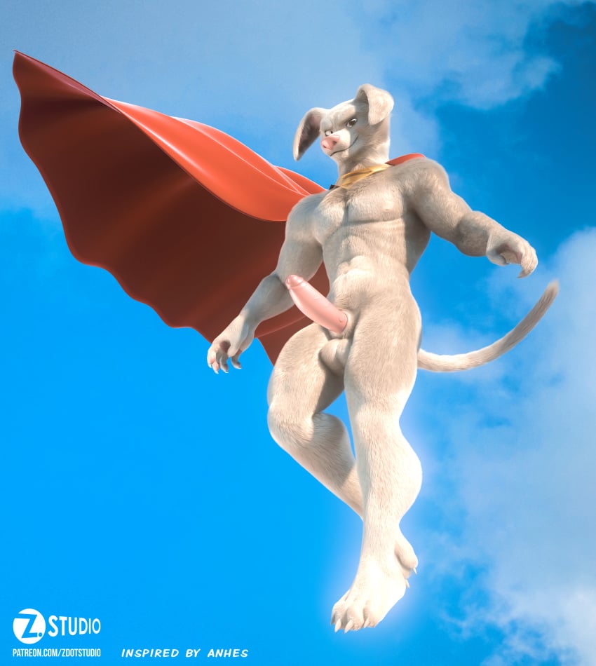 3d 5_fingers abs absurd_res anthro anthrofied balls canine cape cape_only clothing dc_comics dc_league_of_super-pets erection fingers fur furry furry_only genitals hi_res krypto looking_at_viewer looking_down male male_only mammal mostly_nude muscular muscular_anthro muscular_male nude penis pink_nose pink_penis simple_background solo superhero superpower tail white_body white_fur zorryn