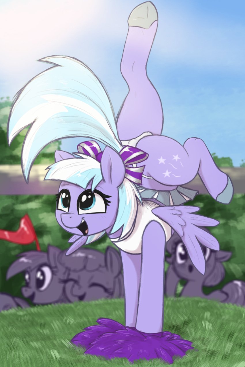 absurd_res accidental_exposure anus_outline ass bottomwear cheerleader clothing cutie_mark equid equine female feral hasbro hi_res lilac_sky_(mlp) mammal my_little_pony panties pegasus pom_poms public skirt solo_focus t72b unaware underwear upside-down upskirt wings