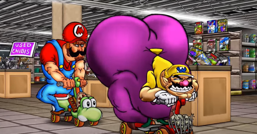 2boys butter caked_up fat_man food garlic huge_ass human light-skinned_male male mario mario_(series) mario_kart pizza png smile solo_male supermarket wario warioware yoshi