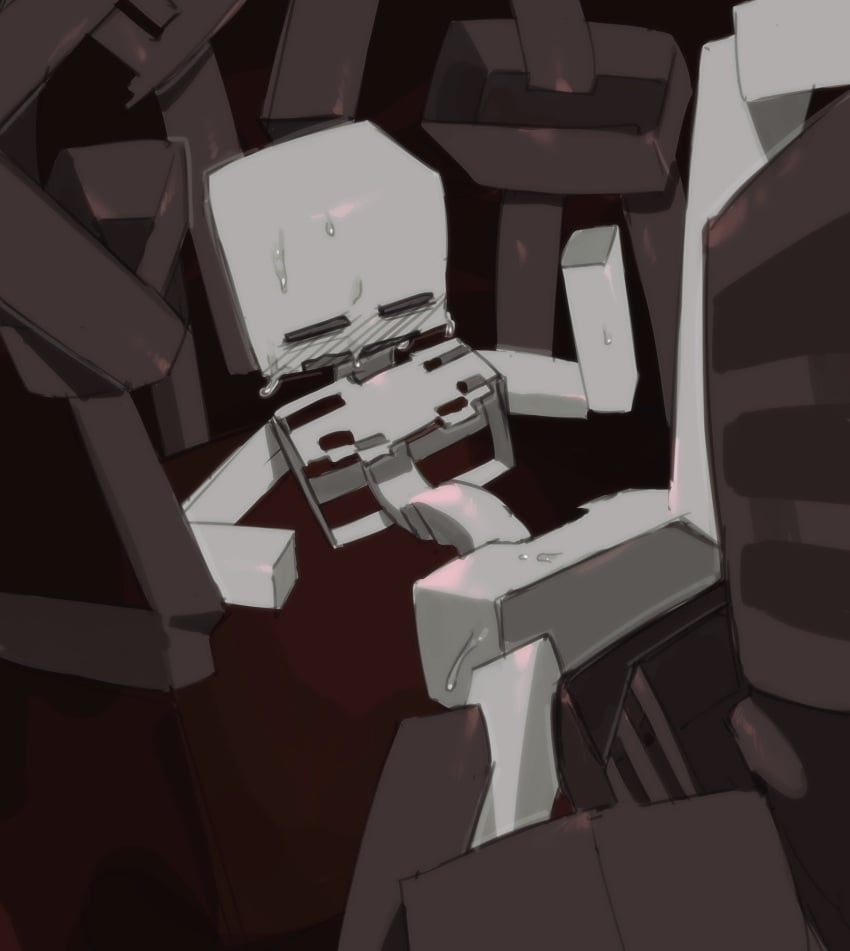 1girl3boys 1girls 3boys bodily_fluids color embarrassed flushed gangbang hi_res kogito laying_down minecraft minecraft_mob skeleton skeleton_(minecraft) wither_skeleton_(minecraft)