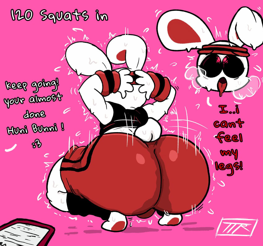 1girls ahe_gao anthro ass big_ass big_butt bulge bunny butt chikn_nuggit dialogue digital_media exercise exhausted female female_only headband hi_res highres iscream_(chikn_nuggit) kojoarts leg_band motion_lines naughtypaw_(artist) out_of_breath pink_background rabbit red_clothing short_tail smiling squat squatting sweat sweatdrop sweating tail text tired tongue_out ttherandom tthrandom tthrandom_rp twitch_lines white_body working_out wristband