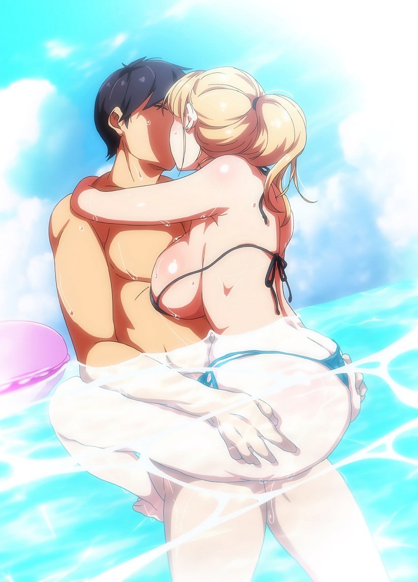 1boy 1girls ane_wa_yanmama_junyuuchuu_in_jikka anime_screencap ass big_sister bikini black_hair blonde_hair breasts brother_and_sister hips incest kissing large_ass large_breasts little_brother milf mother older_female older_sister ova sano_aika screencap screenshot straight sweatdrop swimsuit thick_thighs thighs younger_brother younger_male