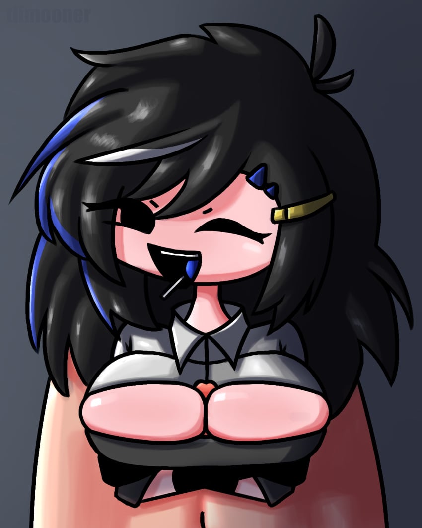 big_breasts black_gloves black_hair boob_window colored_hair female friday_night_funkin happy lolipop messy_hair mom.zip paizuri pov saltys_sunday_night tiimooner titjob wink