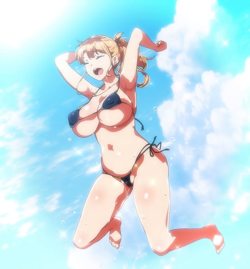 1girls ane_wa_yanmama_junyuuchuu_in_jikka anime_screencap ass blonde_hair breasts bunnywalker hips large_breasts milf mother ova plump sano_aika screencap screenshot sweatdrop swimsuit t-rex_(animation_studio) thighs tummy