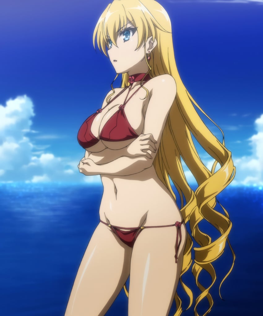 1girls accurate_art_style alternate_hairstyle beach big_breasts blonde_hair blue_eyes bra breast_hold breasts busty claire_harvey cleavage crossed_arms female female_only hi_res hundred large_breasts legs long_hair navel ocean open_mouth red_bow red_bra screencap solo standing stitched summer thighs third-party_edit underboob underwear voluptuous water