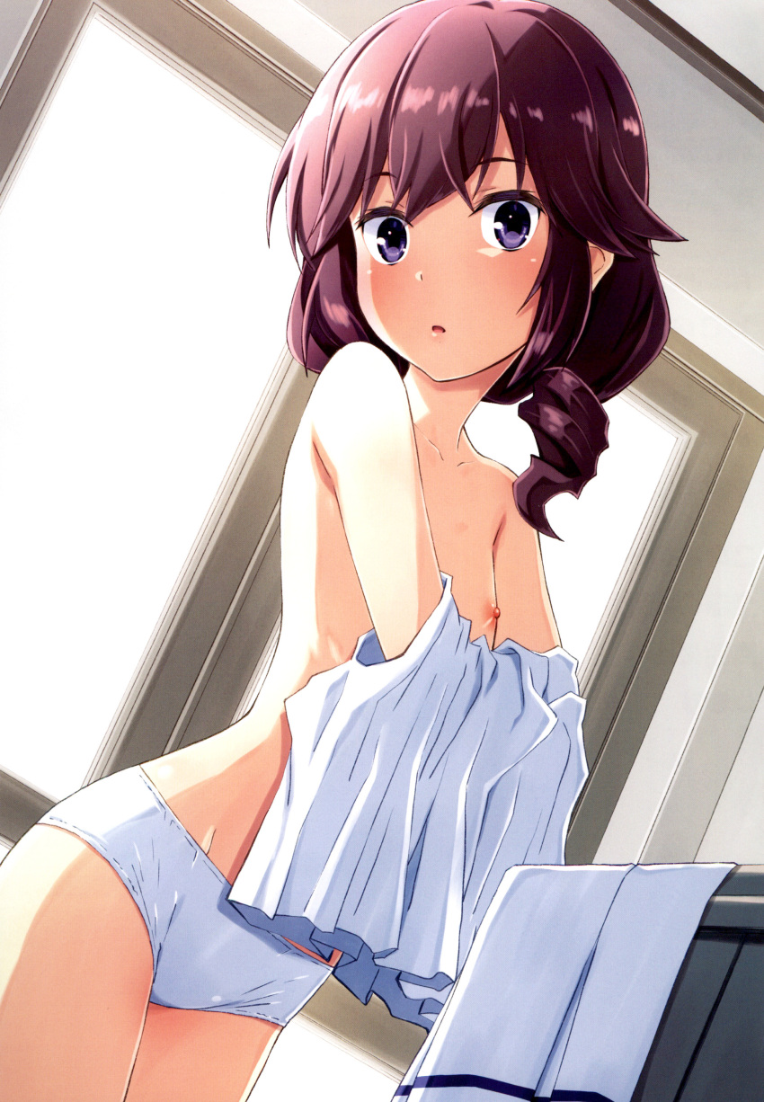 1girls absurdres blue_eyes blush breasts brown_hair collarbone female highres indoors izumi_mahiru looking_at_viewer machikado_mazoku navel nipples no_bra non-web_source open_mouth panties school_uniform small_breasts solo topless underwear undressing white_panties window yoshida_ryouko