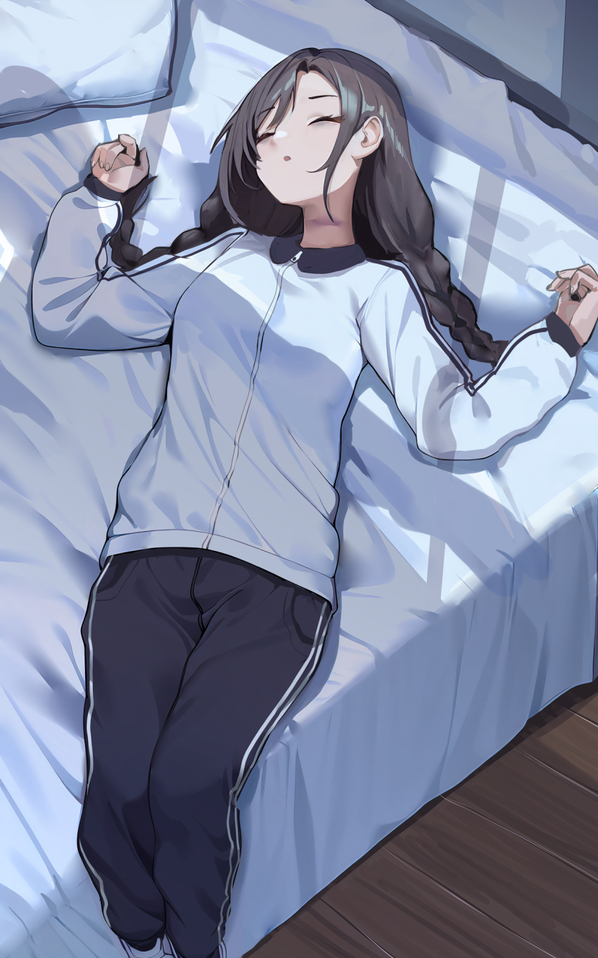 braided_hair brown_hair closed_eyes clothed clothed_female corpse dead fully_clothed lying lying_on_back on_bed original sports_uniform strangled wangmiao