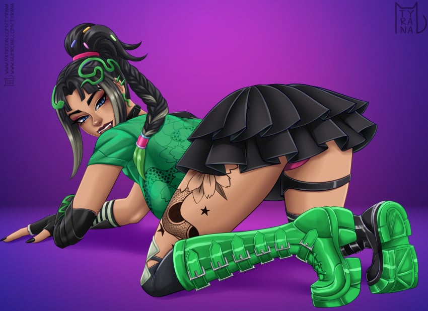 ani_konda_(fortnite) black_fingernails black_skirt blue_eyes fortnite green_clothing green_shoes pink_panties ponytail tattoo tyrana