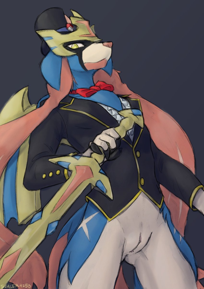 absurd_res anthro bottomless bottomless_female bow_tie clothed clothing female generation_8_pokemon genitals hat headgear headwear hi_res legendary_pokemon melee_weapon nintendo pokemon pokemon_(species) pussy sealer4258 solo suit_jacket sword top_hat weapon yellow_eyes zacian