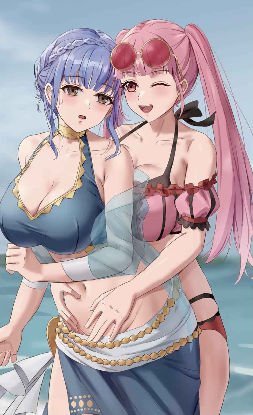 2girls absurdres alternate_costume amayo_thranana bikini blue_bikini blue_hair blue_swimsuit braid breasts brown_eyes cleavage commentary_request commission crown_braid eyewear_on_head female female_only fire_emblem fire_emblem:_three_houses fire_emblem_heroes hands_on_another's_stomach highres hilda_valentine_goneril hilda_valentine_goneril_(summer) hug hug_from_behind large_breasts long_hair marianne_von_edmund marianne_von_edmund_(summer) multiple_girls navel nintendo off-shoulder_bikini off_shoulder official_alternate_costume one_eye_closed pink_bikini pink_eyes pink_hair pink_swimsuit smile sunglasses swimsuit twintails yuri