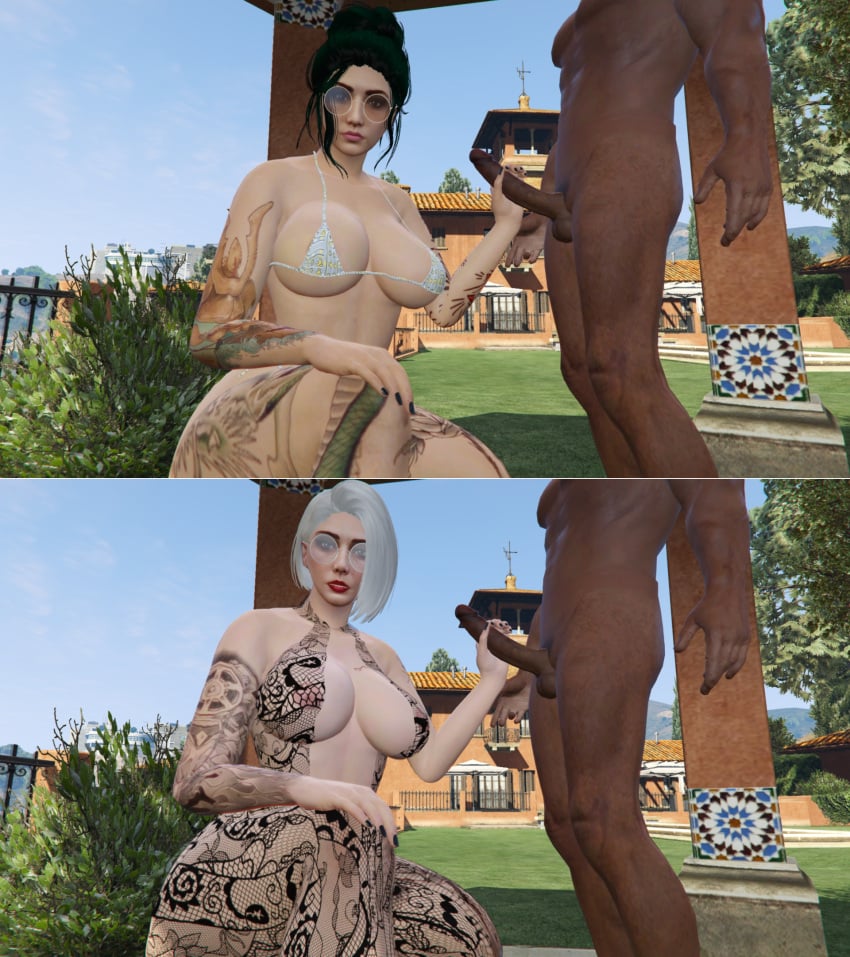 bikini black_penis breasts claire_everly erect_penis grabbing_penis grand_theft_auto_v handjob horny_female jerking lingerie mansion mayumi_himura nipples_visible_through_clothing nopixel submissive_female