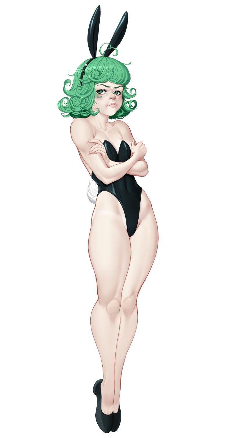 1girls alternate_version_available bunny_ears bunny_girl bunnysuit female female_focus female_only green_eyes green_hair light-skinned_female light_skin luenartt one-punch_man pinup shoes small_breasts solo tatsumaki thighs white_background