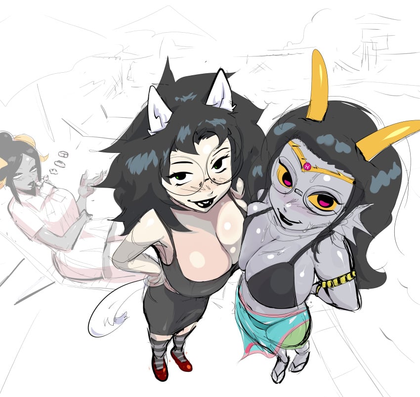 bikini_top damara_megido dog_ears dog_girl feferi_peixes flip_flops glasses homestuck jade_harley knee_high_socks lipstick lysanthum sandals skirt smoking striped_socks