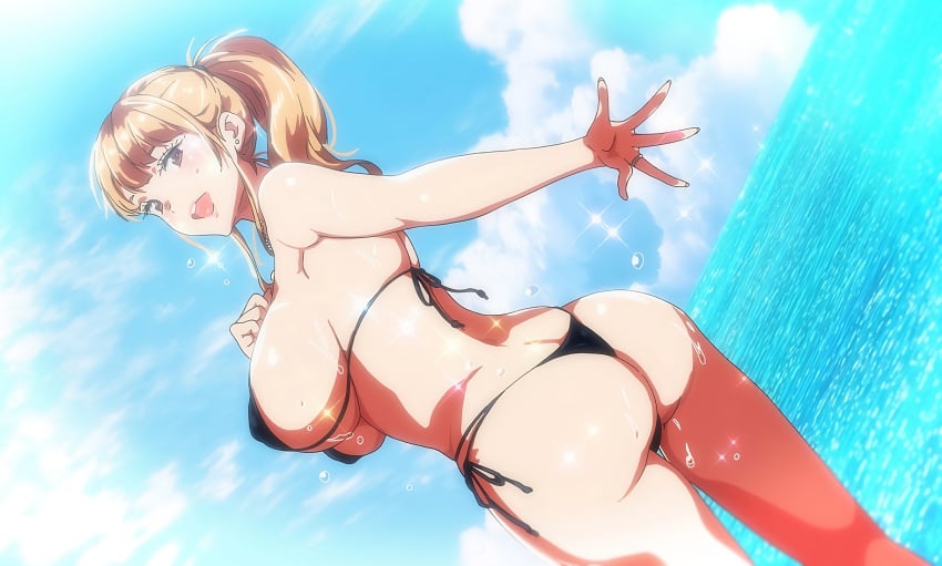 1girls ane_wa_yanmama_junyuuchuu_in_jikka anime_screencap ass big_breasts blonde_hair breasts brown_eyes bunnywalker busty child_bearing_hips clothing hips large_ass large_breasts looking_at_viewer looking_back mature mature_female mature_woman milf mother ova plump sano_aika screencap screenshot sideboob sweatdrop swimsuit t-rex_(animation_studio) thick_thighs thighs thong_bikini voluptuous