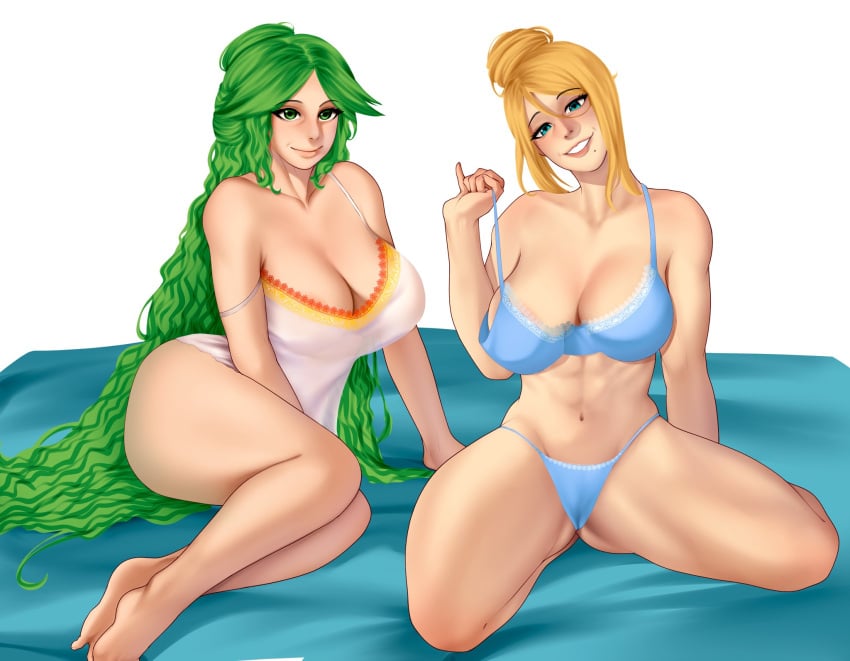 2girls abs aged_up ass bed big_breasts blonde_hair blue_bra blue_eyes blue_lingerie blue_panties bra breasts cleavage clothing company_connection crossover duo female female_only g-string green_eyes green_hair hair_bun kid_icarus large_breasts light-skinned_female light_skin lingerie lips long_hair matching_underwear mature_female metroid milf mole multiple_girls nintendo nip_slip palutena panties pizzayola samus_aran spread_legs strap_slip thick_thighs underwear undressing wavy_hair