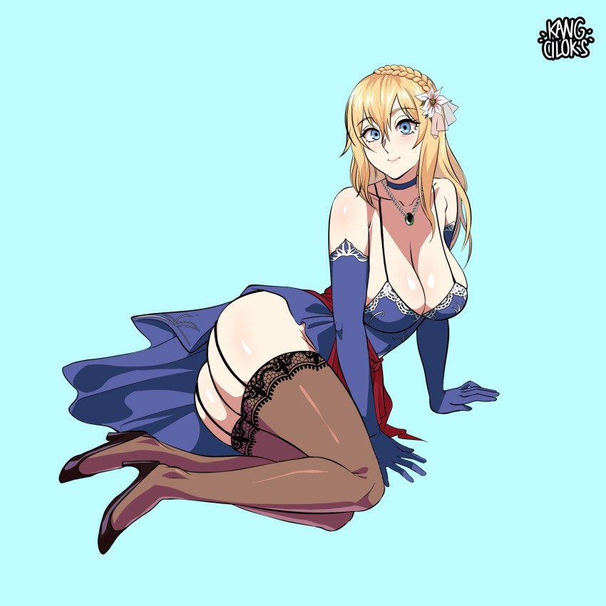 blonde_hair blue_dress blue_eyes choker crown_braid female garter_straps girls'_frontline high_heels large_ass large_breasts long_gloves mosin-nagant_(girls'_frontline) necklace stockings thighhighs wide_hips