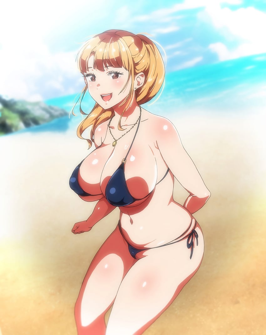 1girls ane_wa_yanmama_junyuuchuu_in_jikka anime_screencap ass big_breasts bikini blonde_hair breasts brown_eyes bunnywalker busty child_bearing_hips clothing large_ass large_breasts mature mature_female mature_woman milf mother navel ova plump ponytail puffy_nipples sano_aika screencap screenshot smile stitched swimsuit t-rex_(animation_studio) thick_thighs thighs tummy