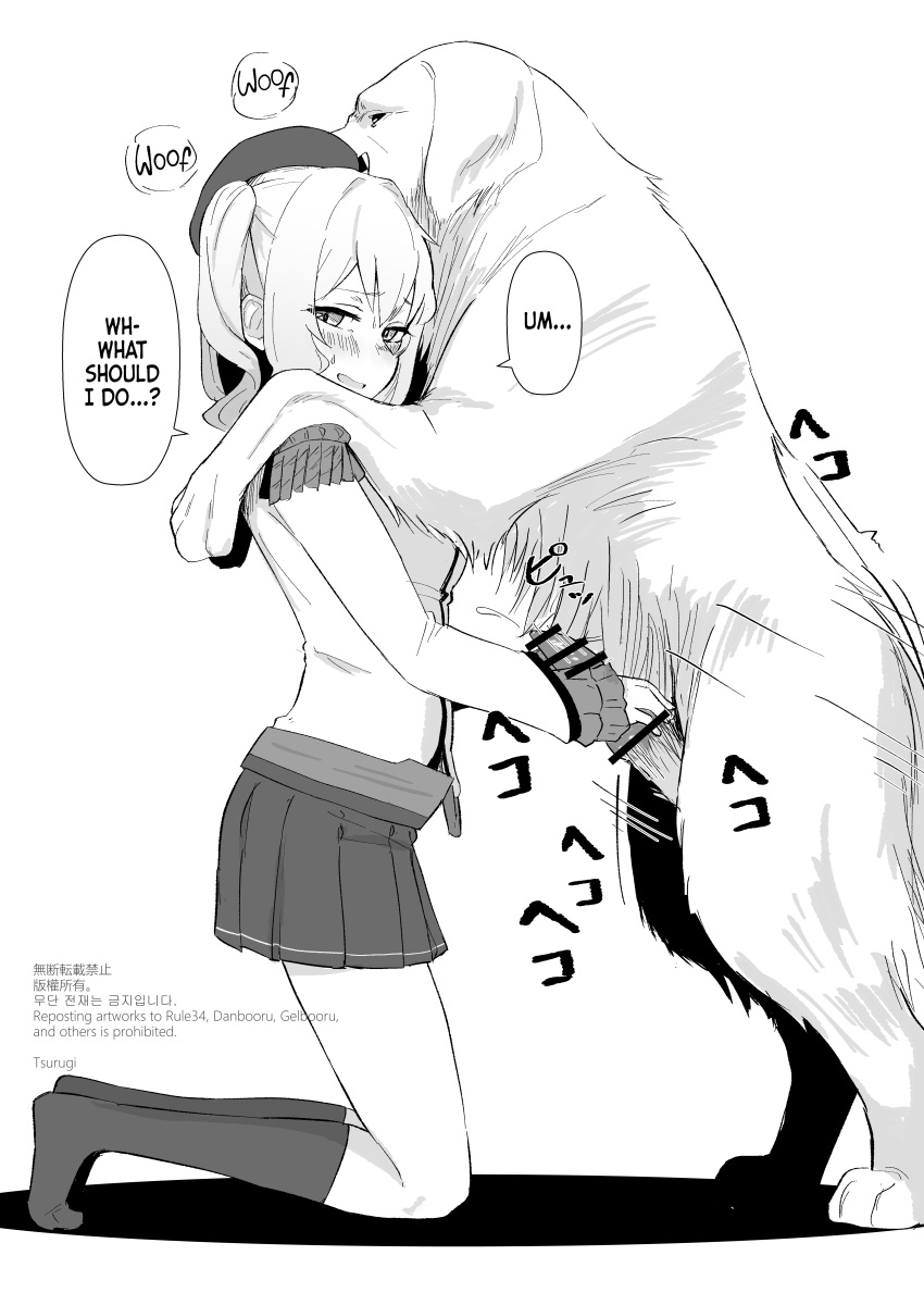 beret canine canine_penis clothed_female clothed_sex cover english_text epaulettes female female_human/male_feral female_on_feral femdom gloves greyscale handjob hard_translated hat imminent_bestiality imminent_sex kantai_collection kashima_(kantai_collection) kneeling looking_at_viewer malesub military military_jacket military_uniform monochrome neckerchief pleated_skirt sidelocks skirt smile socks translated tsurugi_muda twintails uniform wavy_hair zoophilia