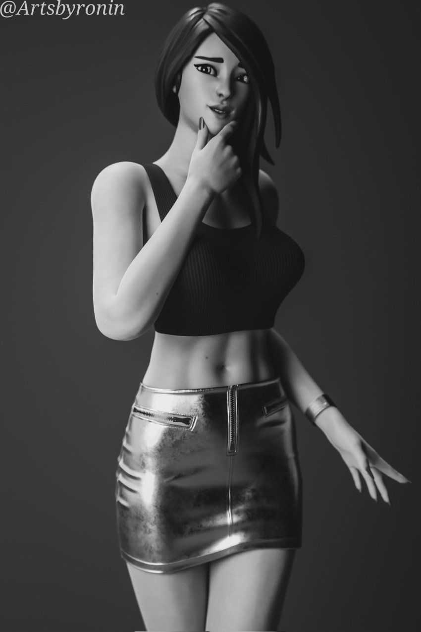 1girls 3d artsbyronin black_and_white blender bottomwear clothed clothing epic_games female female_focus female_only fortnite looking_at_viewer pose posing remedy_(fortnite) shirt simple_background skirt solo solo_female solo_focus standing tank_top topwear watermark