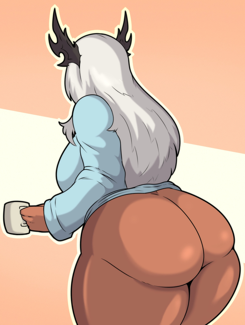 1girls aria_(cepsil0n) ass back big_ass big_butt bottomless cepsil0n curvaceous curvy curvy_body curvy_figure curvy_hips horns huge_ass huge_butt long_sleeves mug no_pants pantless rear_view thick_ass thick_thighs white_hair wide_hips