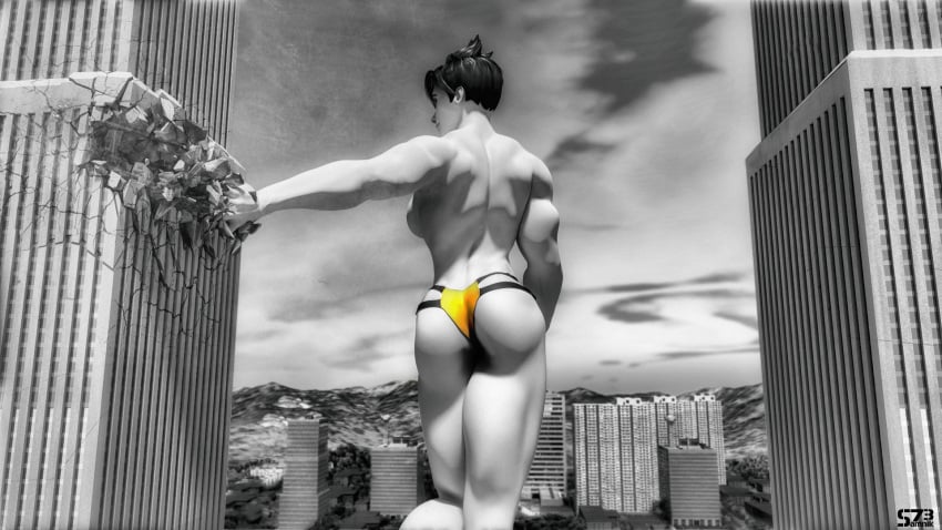 3d ass building building_destruction city city_destruction destruction giantess macro monochrome muscular_arms muscular_back muscular_female muscular_thighs overwatch panties samnik73 tracer