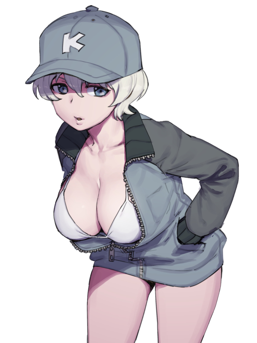 1girls bangs bare_legs baseball_cap big_breasts bikini bikini_top bikini_under_clothes blue_eyes bob_cut breasts breasts_out_of_clothes cap cleavage collarbone female female_focus female_only girls_und_panzer grey_clothing grey_eyes hair hair_between_eyes hands_in_pockets hat headwear hi_res highres jacket keizoku_military_uniform large_breasts leaning_forward light-skinned_female light_skin onsen_tamago_(hs_egg) open_jacket short_hair simple_background solo swimsuit swimsuit_under_clothes thick_thighs tomboy unzipped white_background white_bikini white_hair youko_(girls_und_panzer) zipper