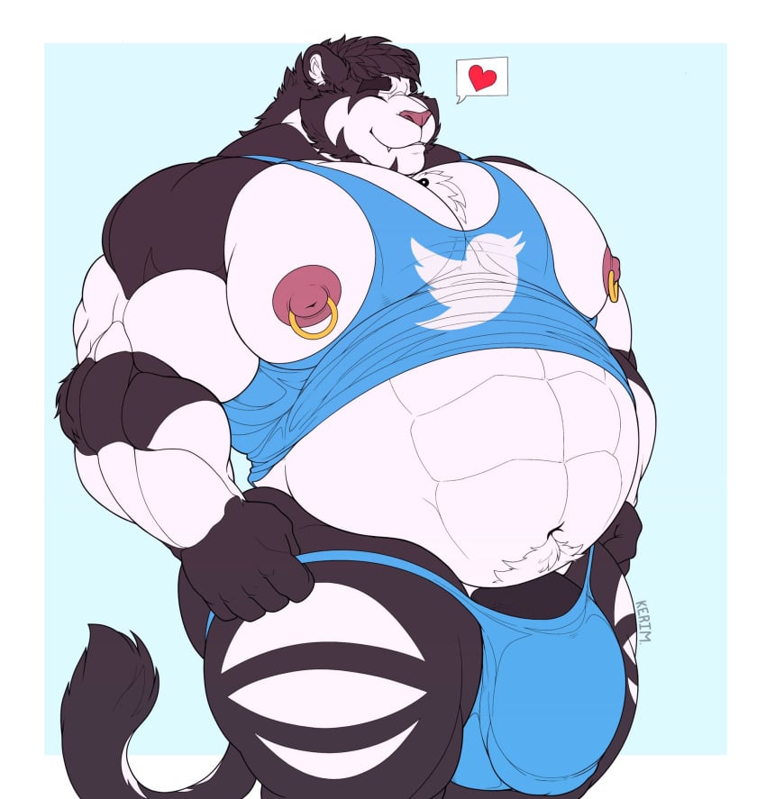 abs anthro belly big_belly big_bulge big_pecs big_penis black_hair black_penis blue_clothing blue_shirt blue_tank_top blue_thong blue_topwear blue_underwear bulge closed_eyes clothing detailed_bulge felid fist fur genitals hair heart hi_res huge_bulge huge_cock kamui_(kamui_behemoth) kamui_behemoth male mammal musclegut muscular muscular_anthro muscular_male navel nipple_piercing nipples overweight overweight_anthro overweight_male pantherine pecs penis piercing pink_nipples pink_nose shirt solo speech_bubble standing tank_top thick_thighs thong tiger topwear twitter twitter_logo underwear white_body white_fur