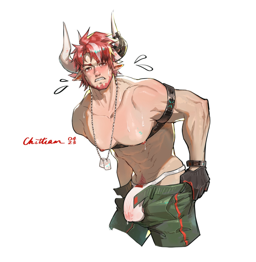 1boy abs animal_ears arknights artist_request bara beard blush bulge bulge_lift chest_harness cow_boy cow_ears cow_horns dog_tags dressing facial_hair green_pants harness highres horns humus_(arknights) i've_never_seen_a_guy_recreate_this_successfully_tbh_(meme) large_pectorals leaning_forward male_focus male_lactation male_underwear mature_male meme multicolored_hair muscular muscular_male navel navel_hair nipples open_pants pants pants_lift pectorals precum precum_through_clothes red_hair see-through short_hair solo solo_male streaked_hair thick_eyebrows underbust undersized_clothes underwear wet wet_clothes wet_male_underwear white_male_underwear