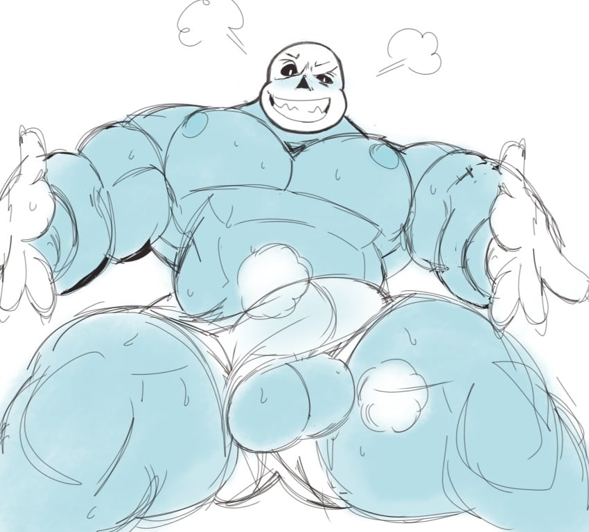 balls balls_under_clothes bara blue_skin clothing cock_bulge muscular non-human sans undertale undertale_(series)