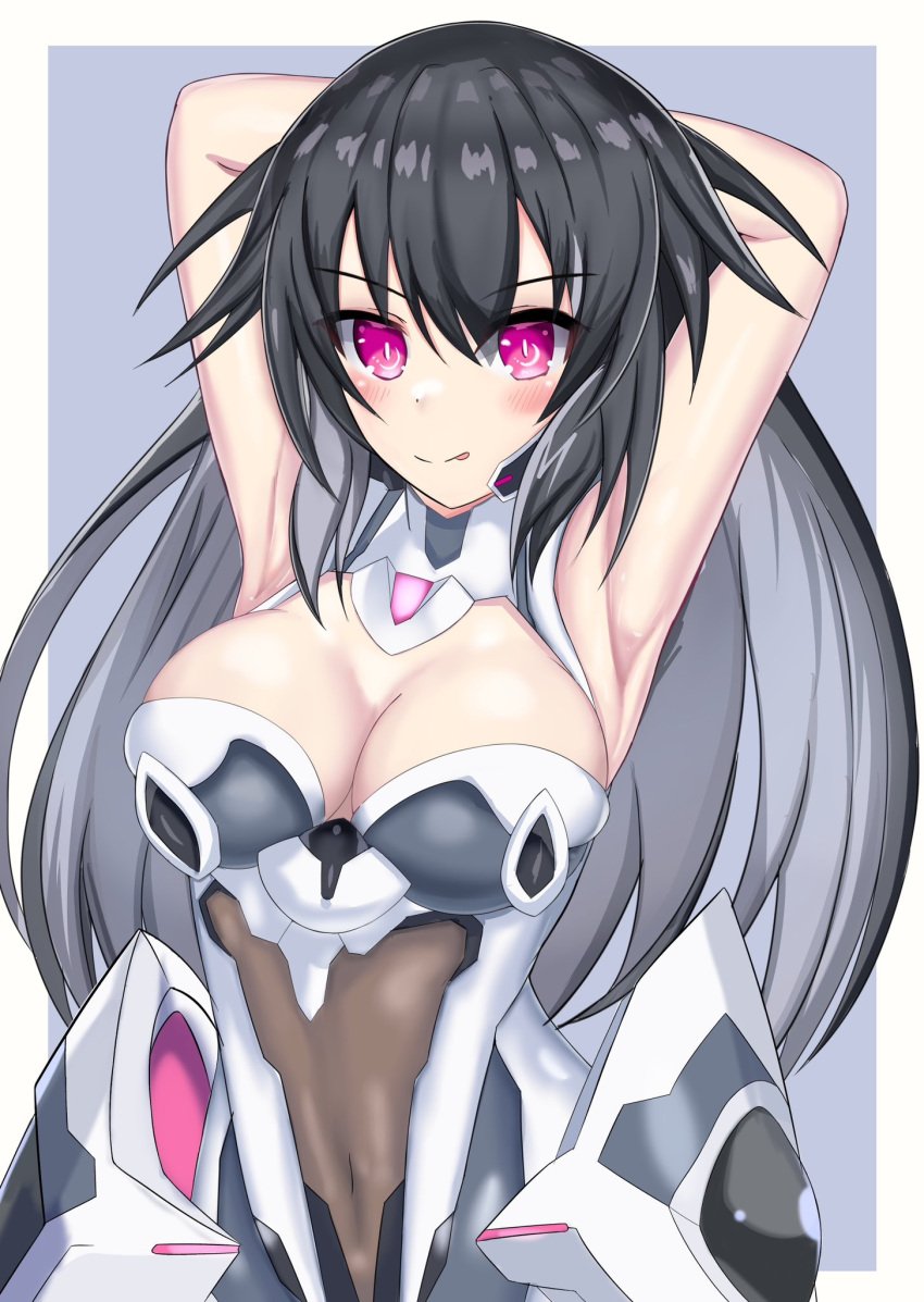 1girls 2023 armpits arms_behind_head big_breasts black_hair blush bodysuit breasts busty cleavage compile_heart covered_navel female female_only gray_sister idea_factory large_breasts long_hair looking_at_viewer neptunia_(series) pink_eyes pose posing power_symbol-shaped_pupils sensual sexy_armpits smile solo stiris_rangetsu tongue tongue_out