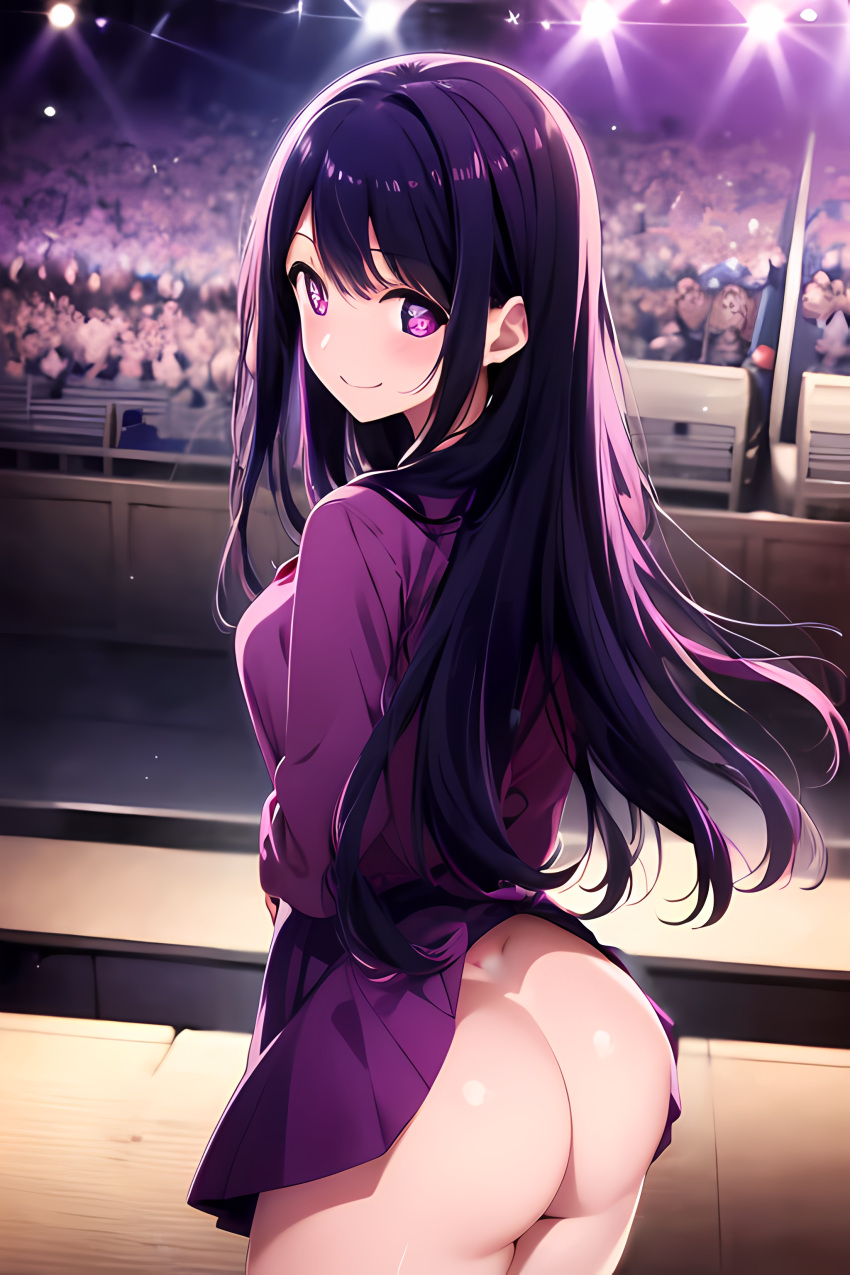 ai_generated ass concert crowd curvy_body curvy_female curvy_figure cute_face female_focus female_only focus_on_ass hoshino_ai long_hair medium_breasts nude oshi_no_ko purple_eyes purple_hair room sdev smile very_long_hair