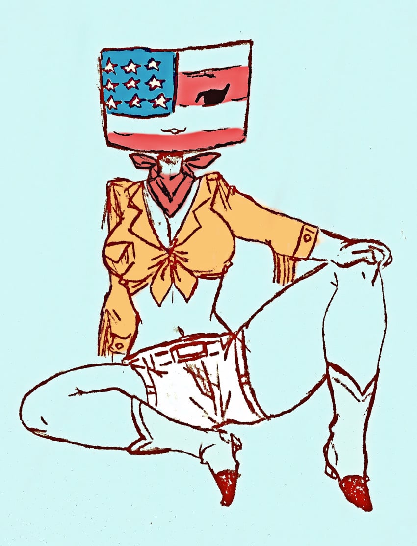 1girls america cleavage clothing countryhumans countryhumans_girl female female_only flawsy light_blue_background shorts simple_background sketch united_states_of_america_(countryhumans)